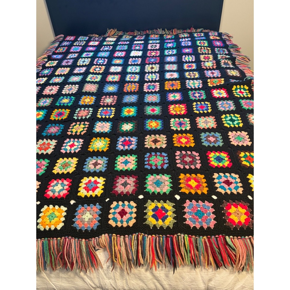 Granny Square Afghan Hand Crochet Multi-Color Black Throw Blanket 55"x77" Fringe